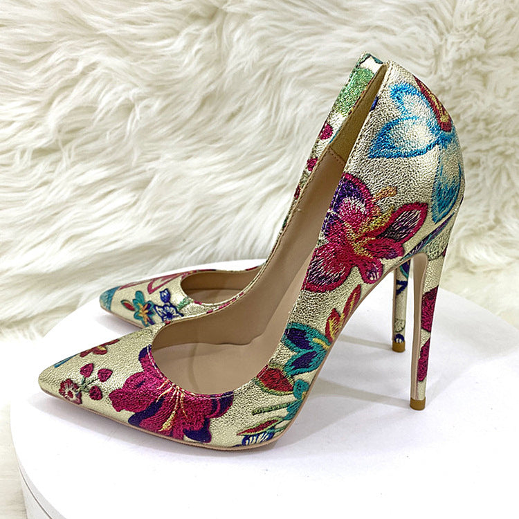 Gold Embroidered Graffiti High Heel Shoes