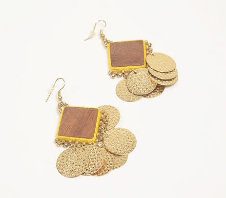 Gold-Toned Iron Textured Coins Dangle Earrings-Ego Factory