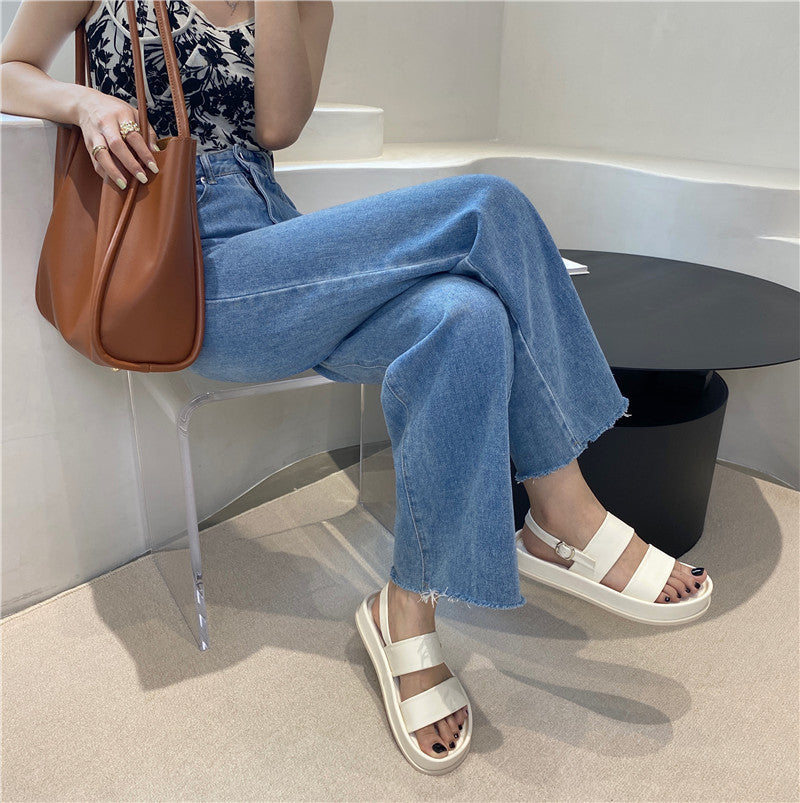 Womens Peep Toe Platform Denim Jeans Sandals