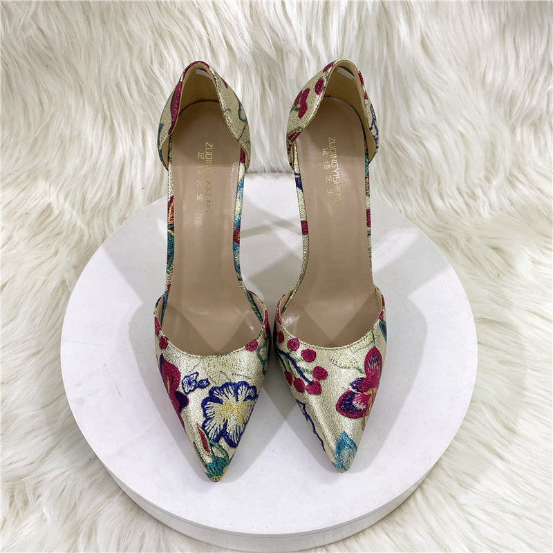 Gold Embroidered Hollow High Heel Shoes