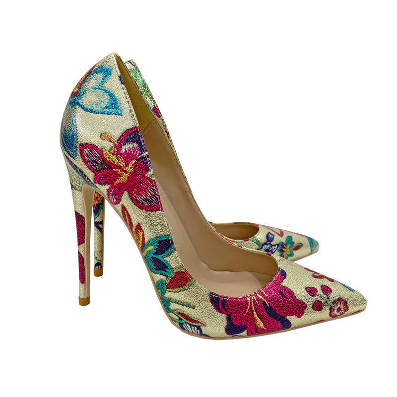 Gold Embroidered Graffiti High Heel Shoes