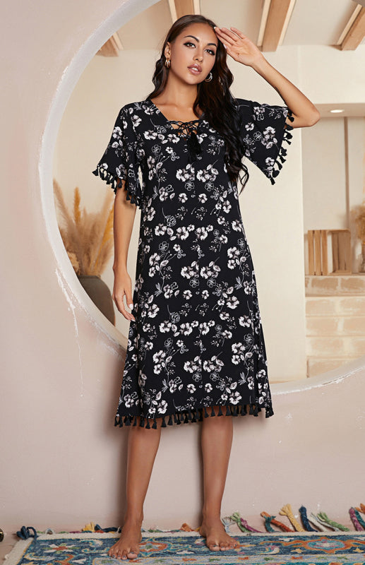 Women'S Short Sleeve Fringe Floral Nightdress