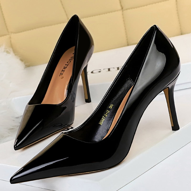 Simple High Heeled Glossy Leather  Shoes