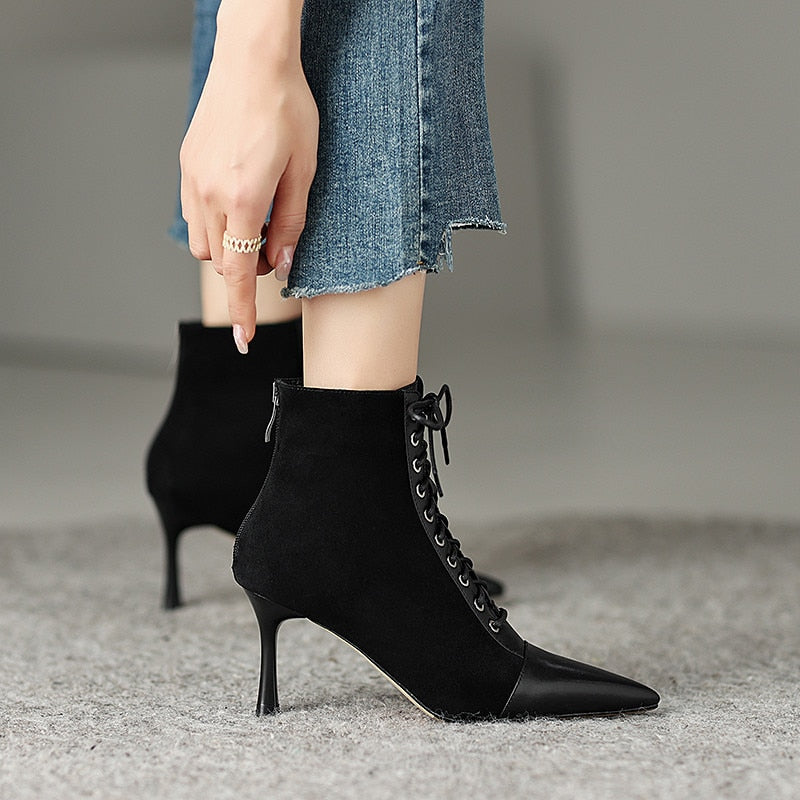 Elegant Ankle Boots Genuine Leather Cross-Tied