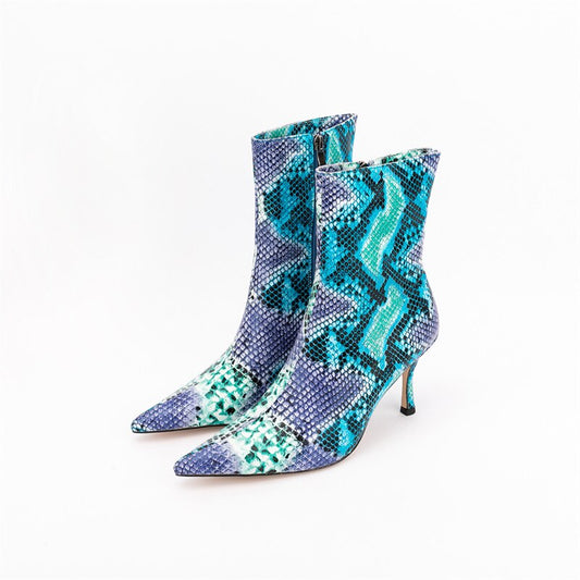 Snakeskin Side Zipper Pointed Thin Heel Boots