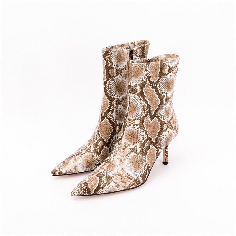 Snakeskin Side Zipper Pointed Thin Heel Boots