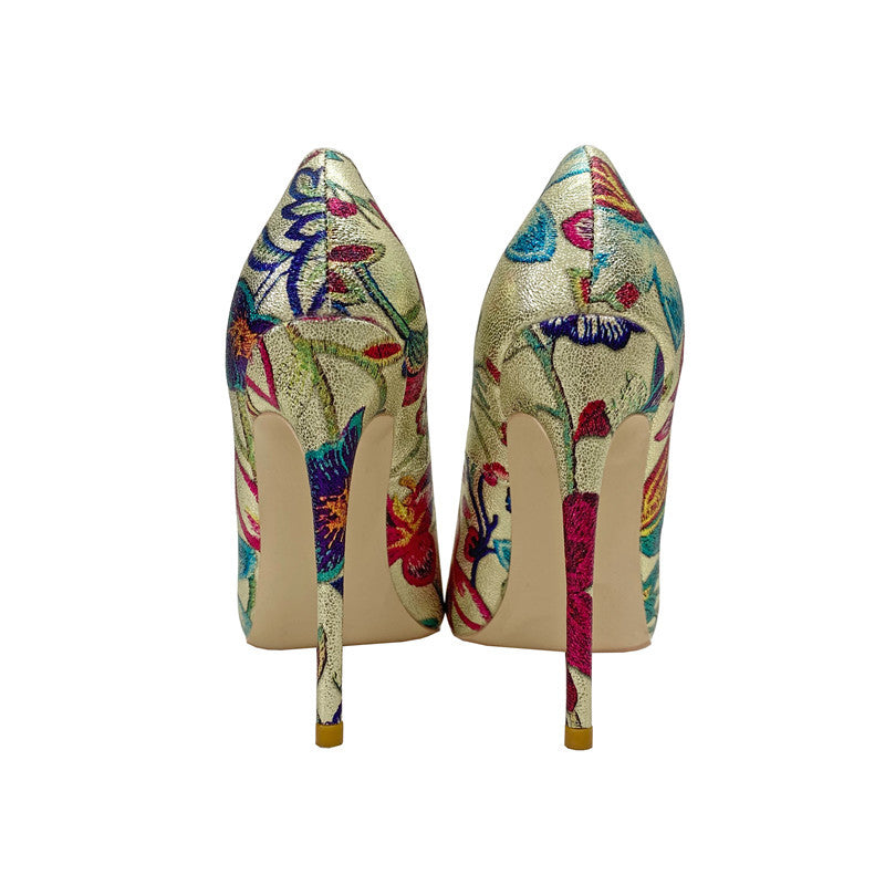 Gold Embroidered Graffiti High Heel Shoes