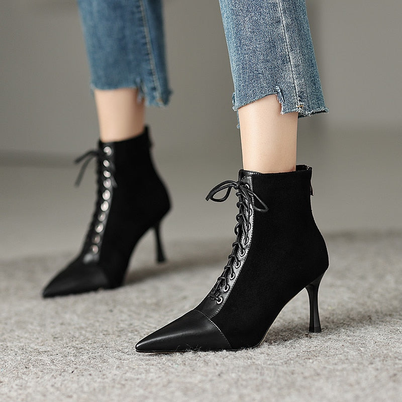 Elegant Ankle Boots Genuine Leather Cross-Tied