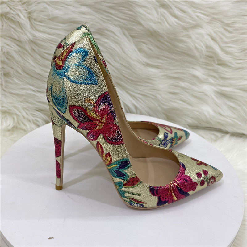 Gold Embroidered Graffiti High Heel Shoes