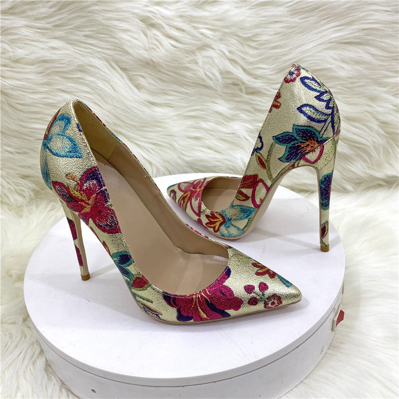 Gold Embroidered Graffiti High Heel Shoes