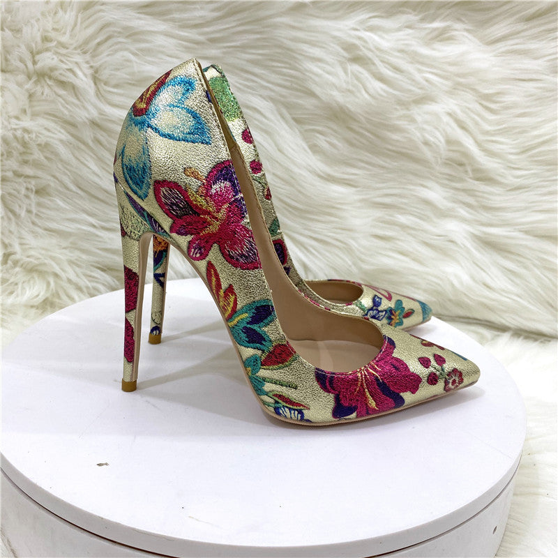 Gold Embroidered Graffiti High Heel Shoes