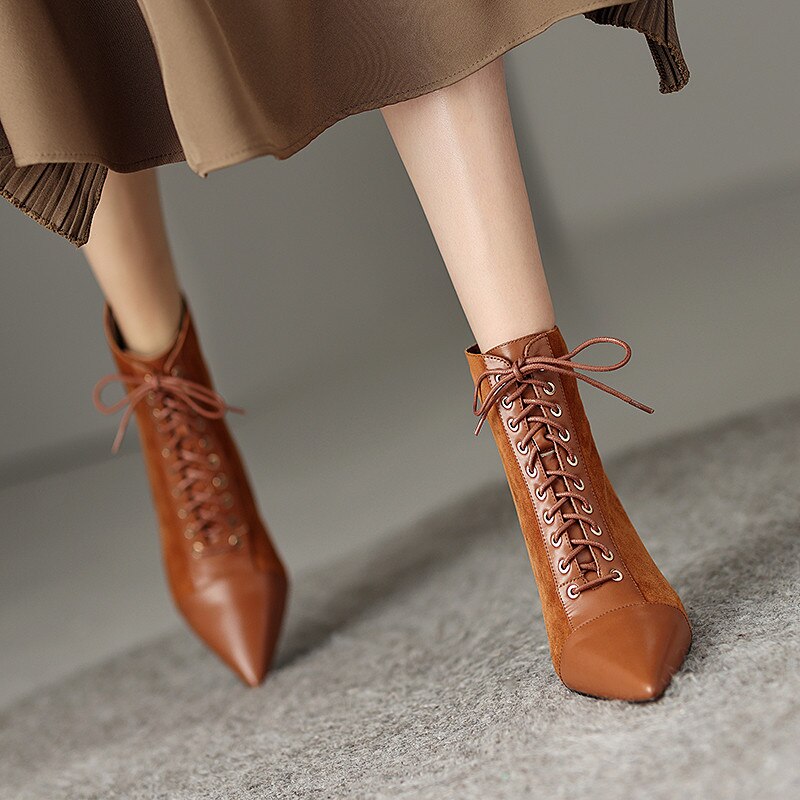 Elegant Ankle Boots Genuine Leather Cross-Tied