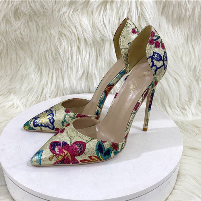 Gold Embroidered Hollow High Heel Shoes