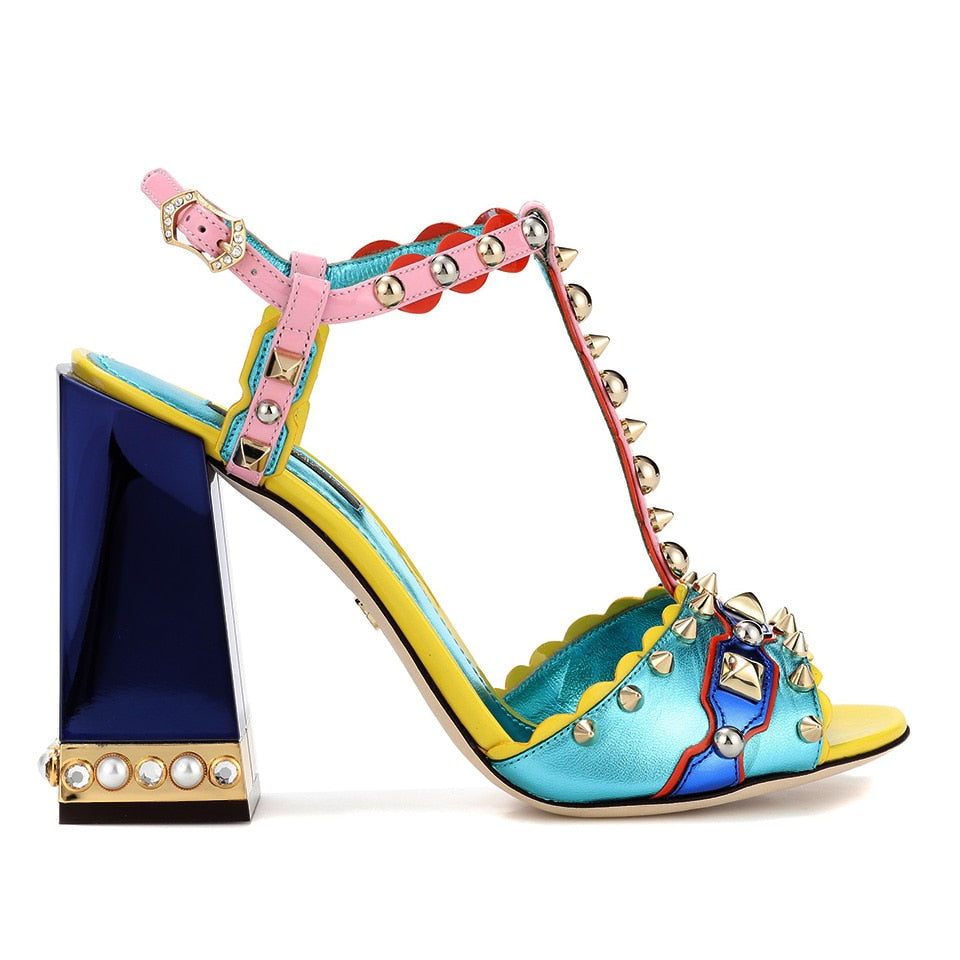 Fish Mouth Willow Color Block Thick Heel Sandals