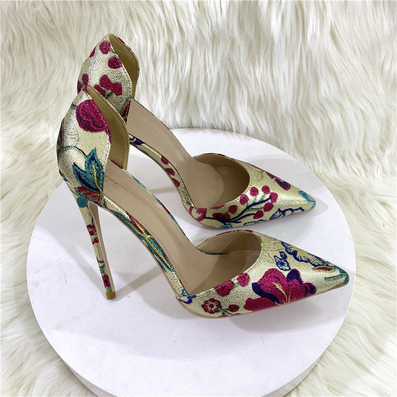 Gold Embroidered Hollow High Heel Shoes