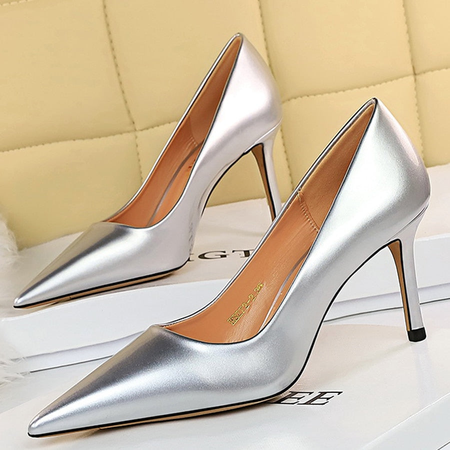 Simple High Heeled Glossy Leather  Shoes