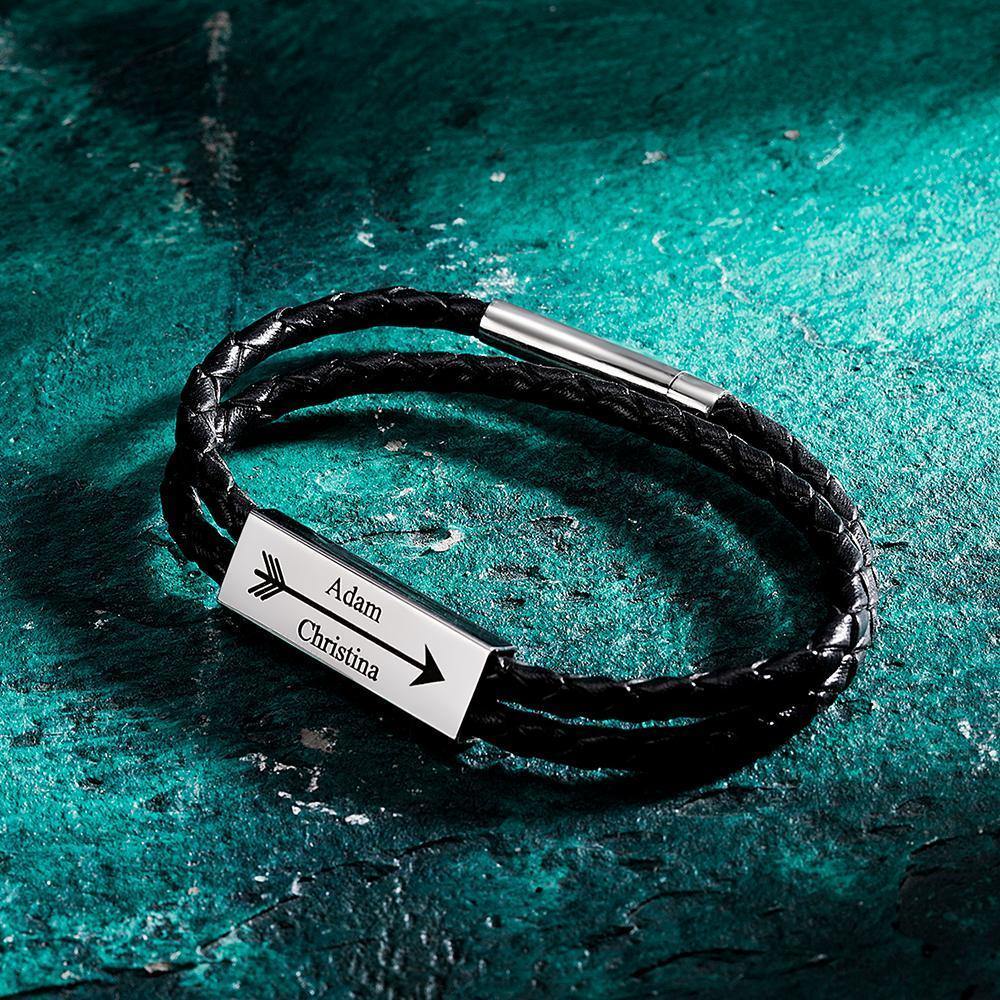 Men's Engraved Name Bracelet Custom Cable Leather Wrap Bracelet