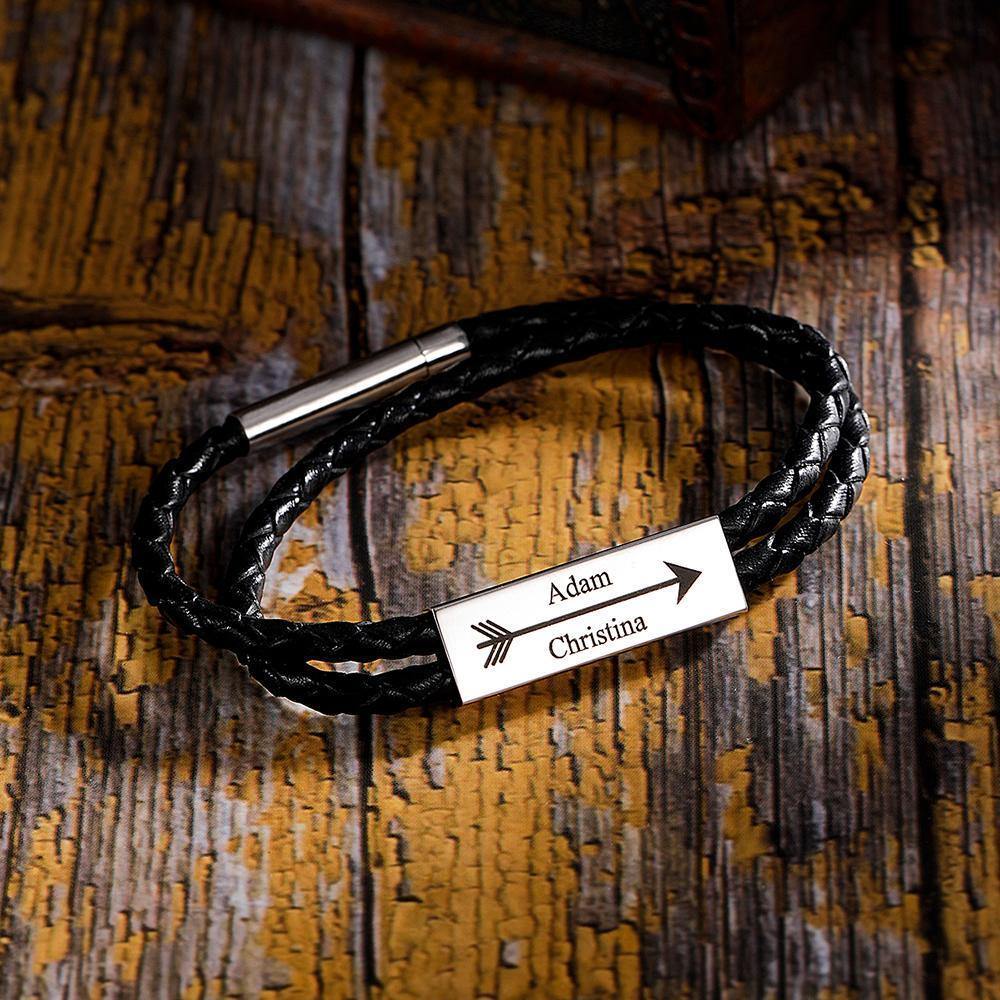 Men's Engraved Name Bracelet Custom Cable Leather Wrap Bracelet