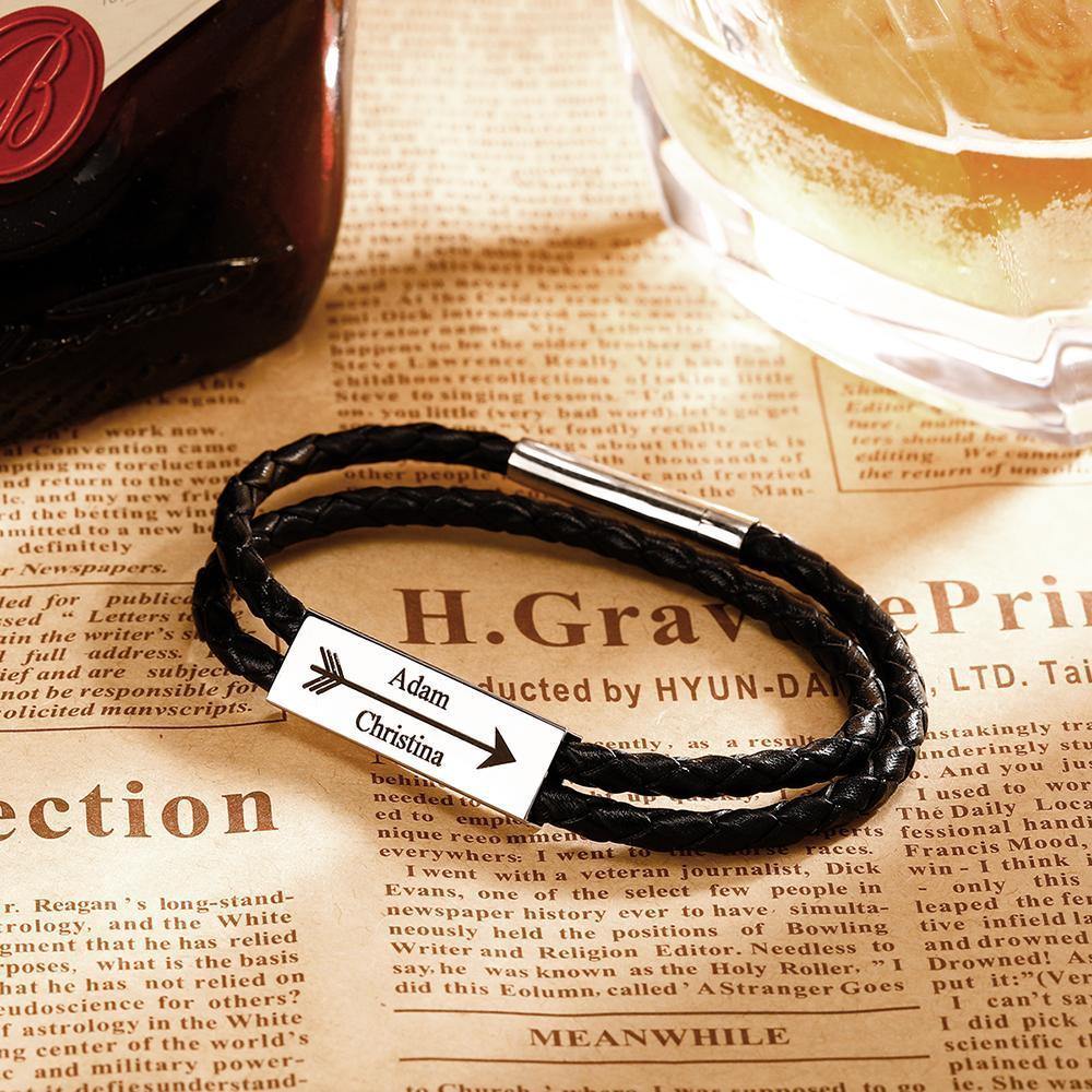 Men's Engraved Name Bracelet Custom Cable Leather Wrap Bracelet