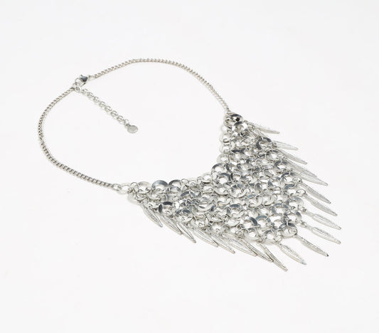 Silver-Toned Iron Leaf Charms Statement Bib Necklace