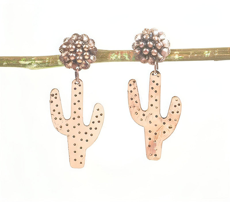 Copper-Toned Brass Floral-Cacti Drop Earrings