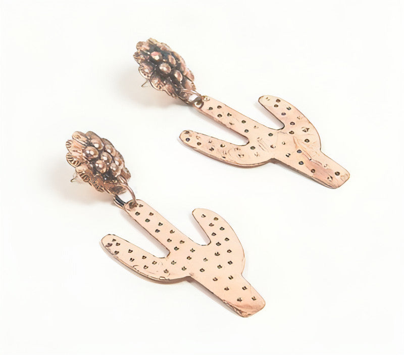 Copper-Toned Brass Floral-Cacti Drop Earrings