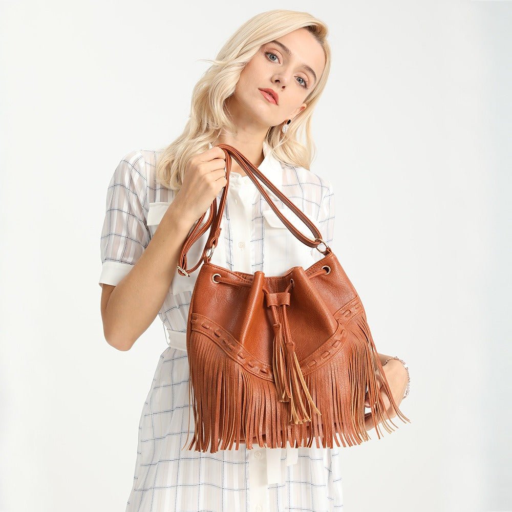 Drawstring Handmade Tassel PU Leather Bucket Bag