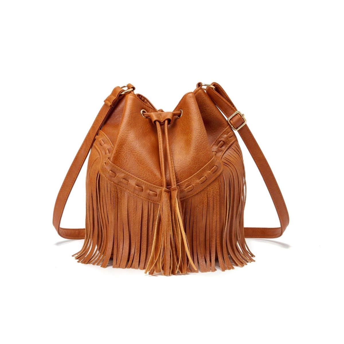 Drawstring Handmade Tassel PU Leather Bucket Bag