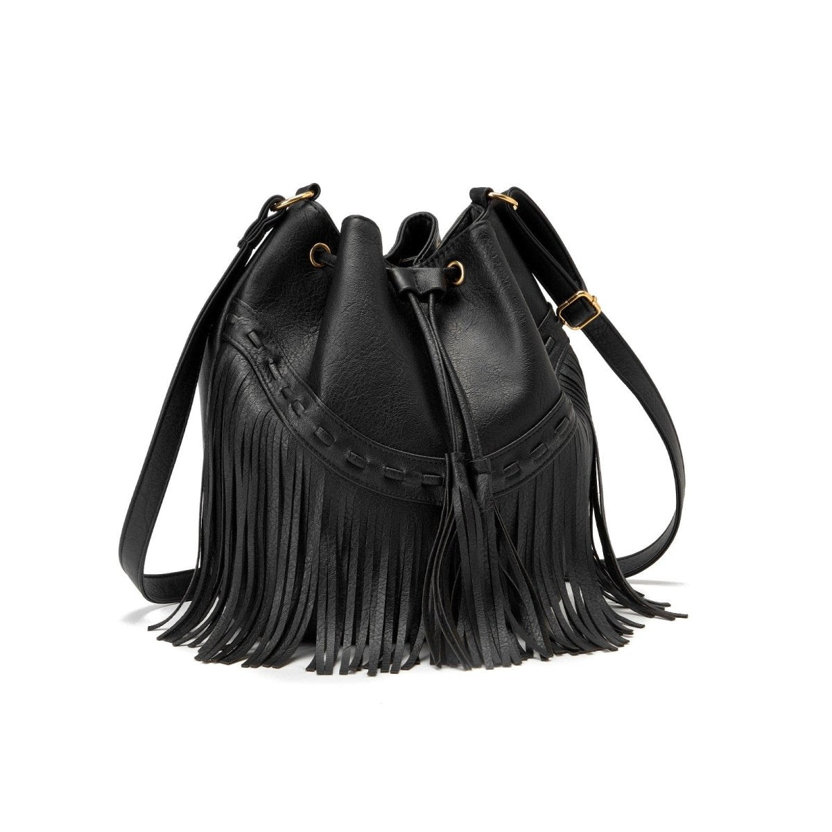 Drawstring Handmade Tassel PU Leather Bucket Bag