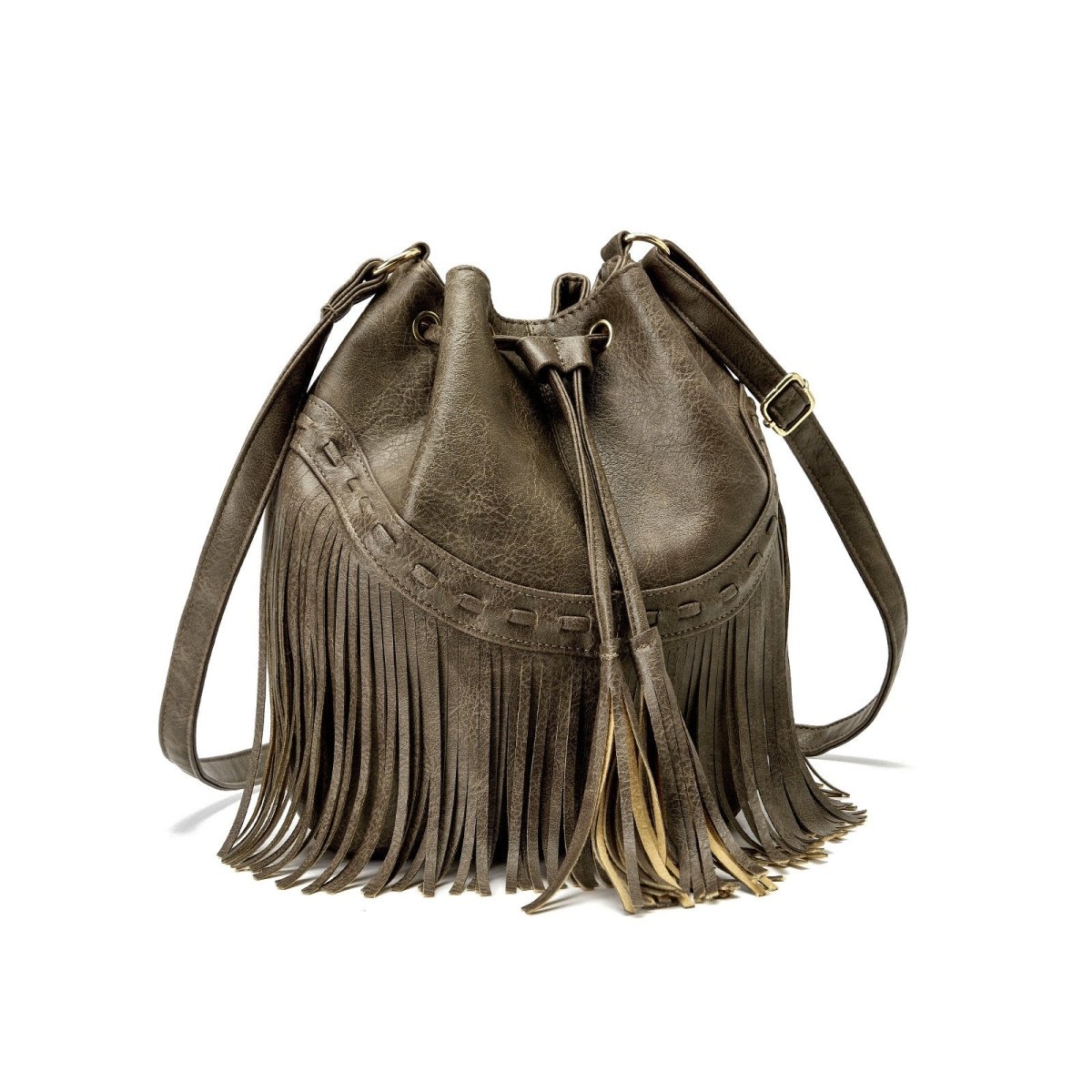 Drawstring Handmade Tassel PU Leather Bucket Bag