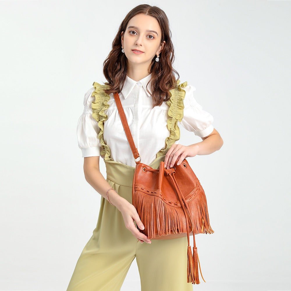 Drawstring Handmade Tassel PU Leather Bucket Bag