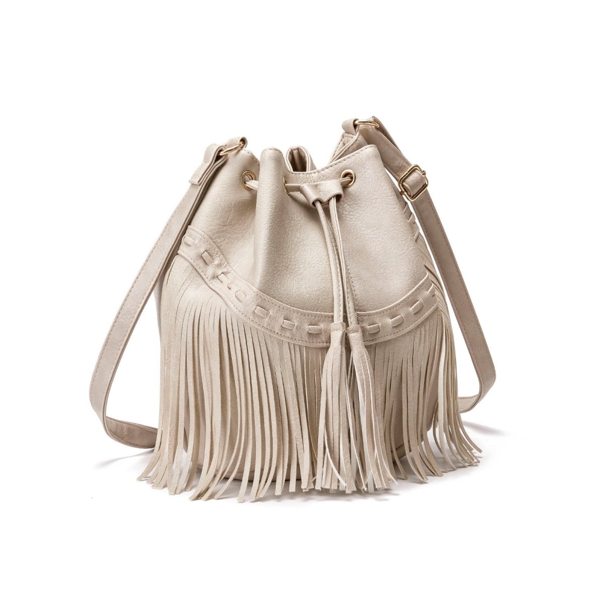 Drawstring Handmade Tassel PU Leather Bucket Bag