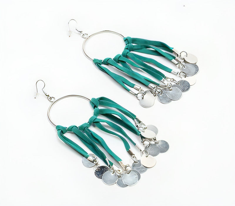 Leather Fringes & Iron Coins Hoop Earrings