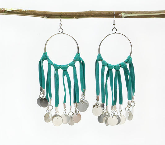 Leather Fringes & Iron Coins Hoop Earrings