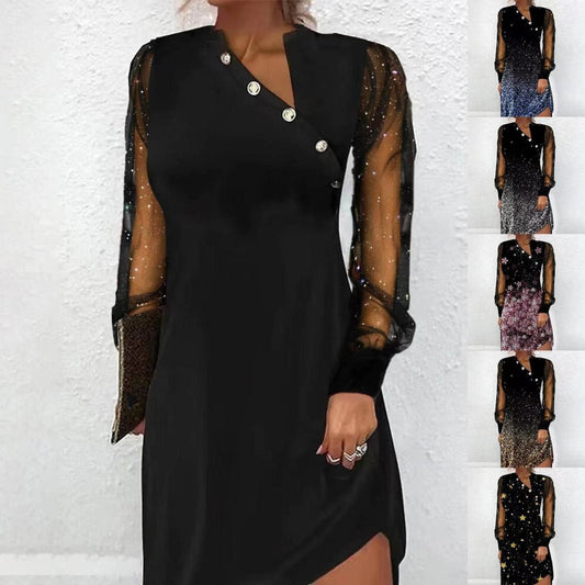 New Button Mesh Long Sleeve Dress