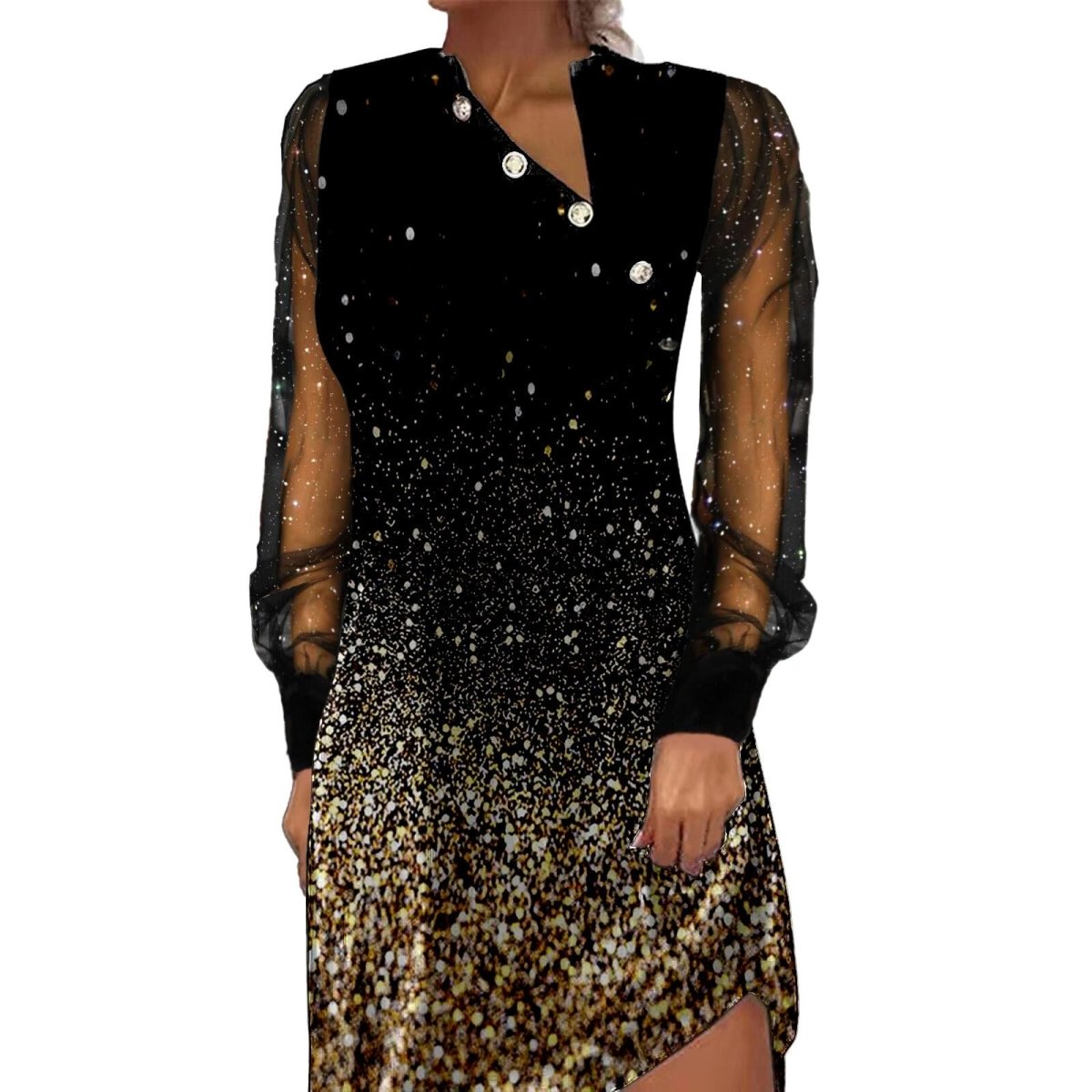 New Button Mesh Long Sleeve Dress