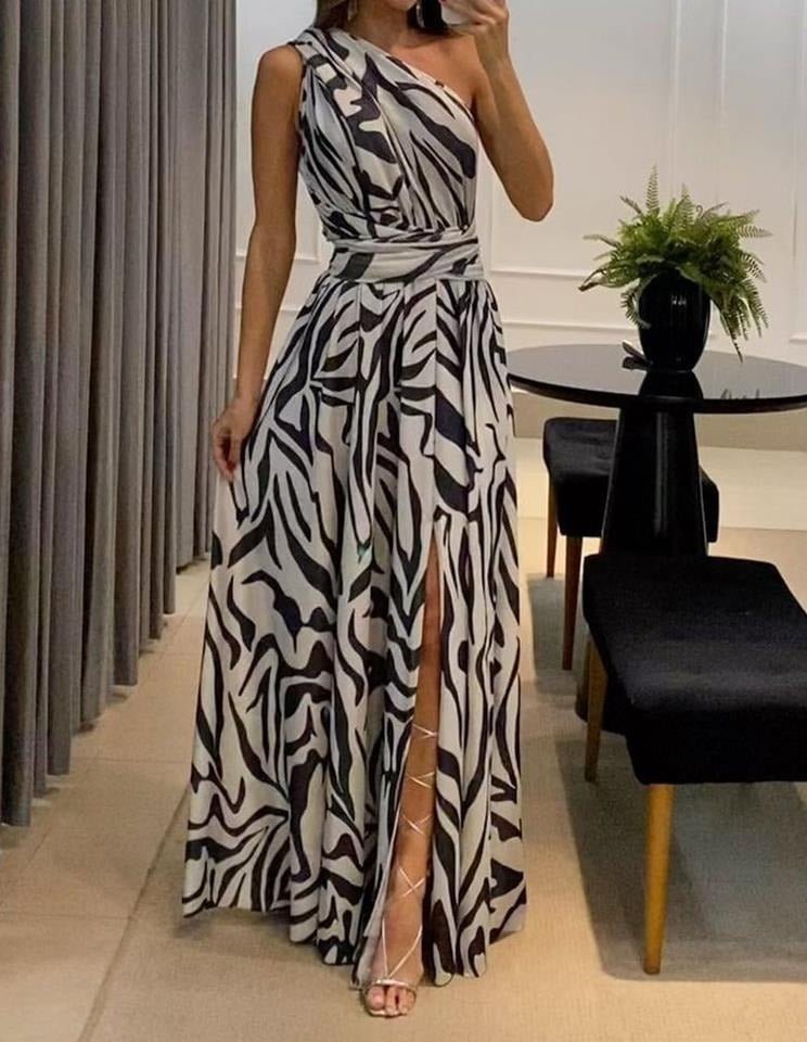 One Shoulder Sleeveless Print Long Dress