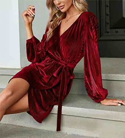 Solid Velvet Long Sleeve Banquet Dress - Ego Factory