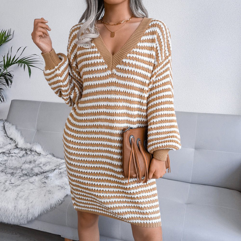 Striped Hollow Wool Dress Knitted Dress