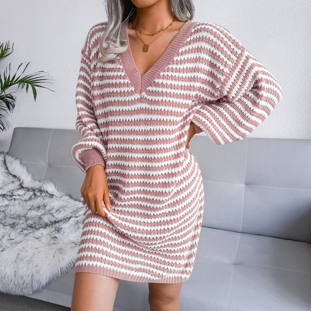 Striped Hollow Wool Dress Knitted Dress