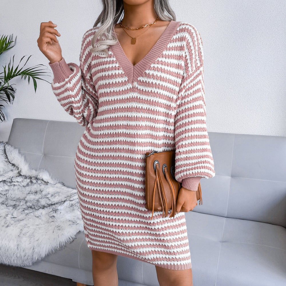 Striped Hollow Wool Dress Knitted Dress