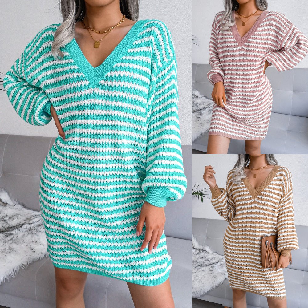 Striped Hollow Wool Dress Knitted Dress