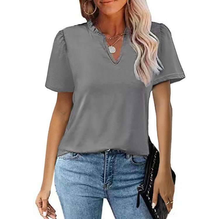 V-Neck Pleated Casual Short Sleeve T-shirt