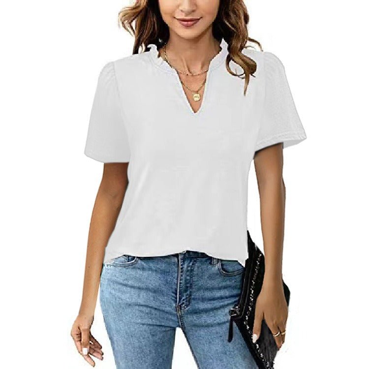 V-Neck Pleated Casual Short Sleeve T-shirt