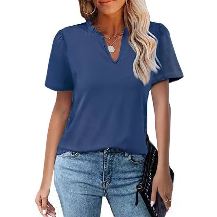 V-Neck Pleated Casual Short Sleeve T-shirt