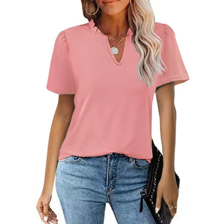 V-Neck Pleated Casual Short Sleeve T-shirt