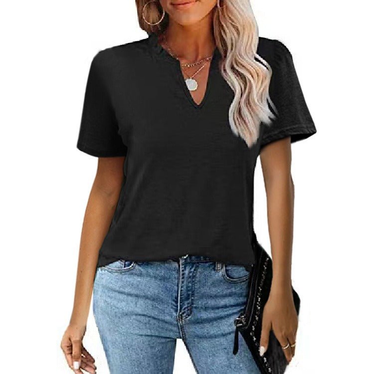 V-Neck Pleated Casual Short Sleeve T-shirt