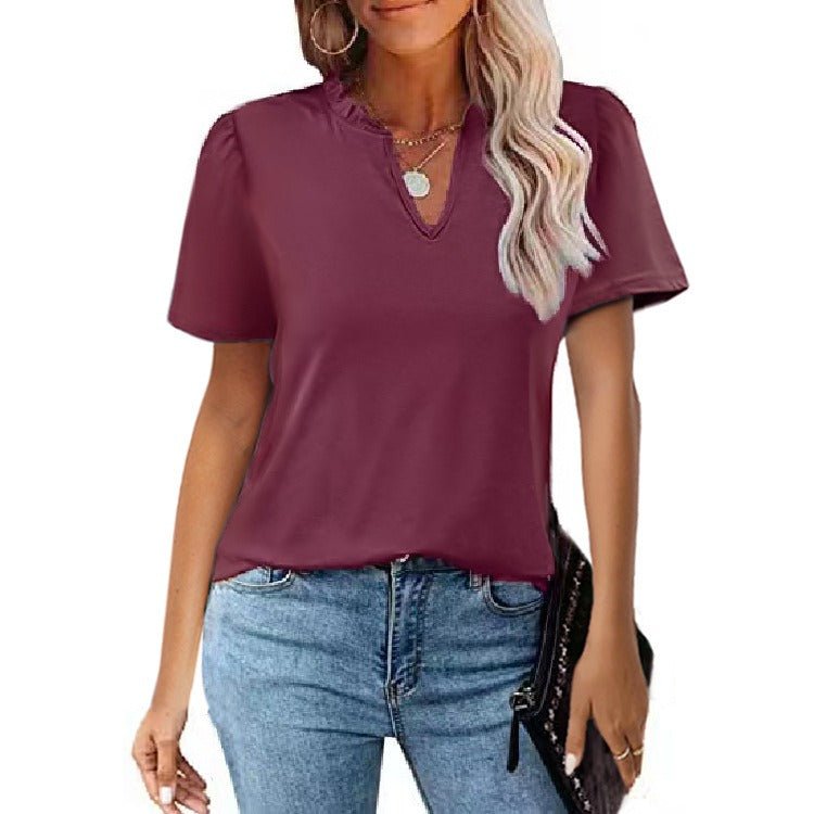 V-Neck Pleated Casual Short Sleeve T-shirt