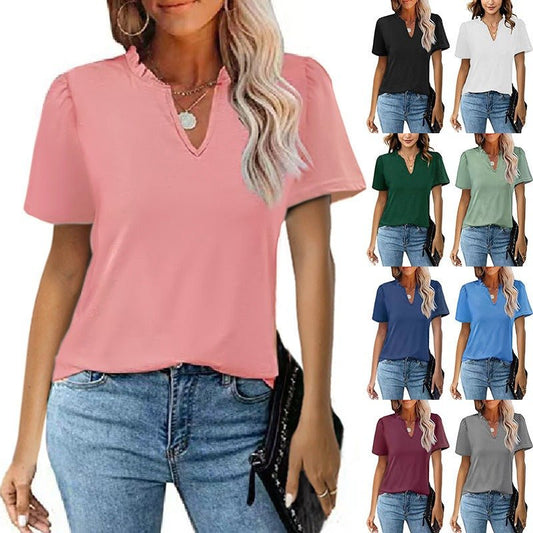 V-Neck Pleated Casual Short Sleeve T-shirt