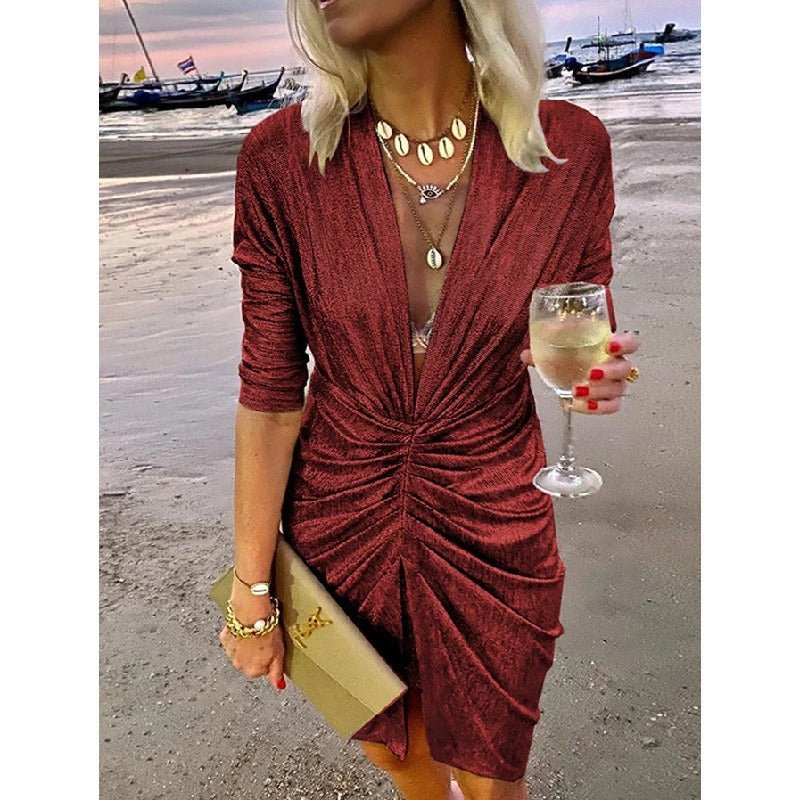 V-Neck Pleated Long Sleeve Loose Party Bright Dress